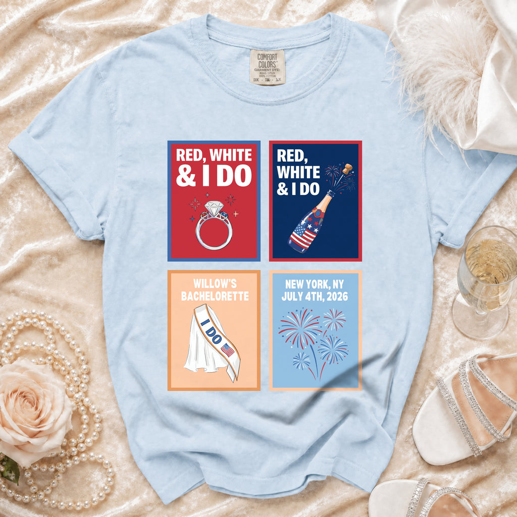 Light blue t-shirt with "Red, White & I Do" and bachelorette graphic.
