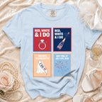 Light blue t-shirt with "Red, White & I Do" and bachelorette graphic.
