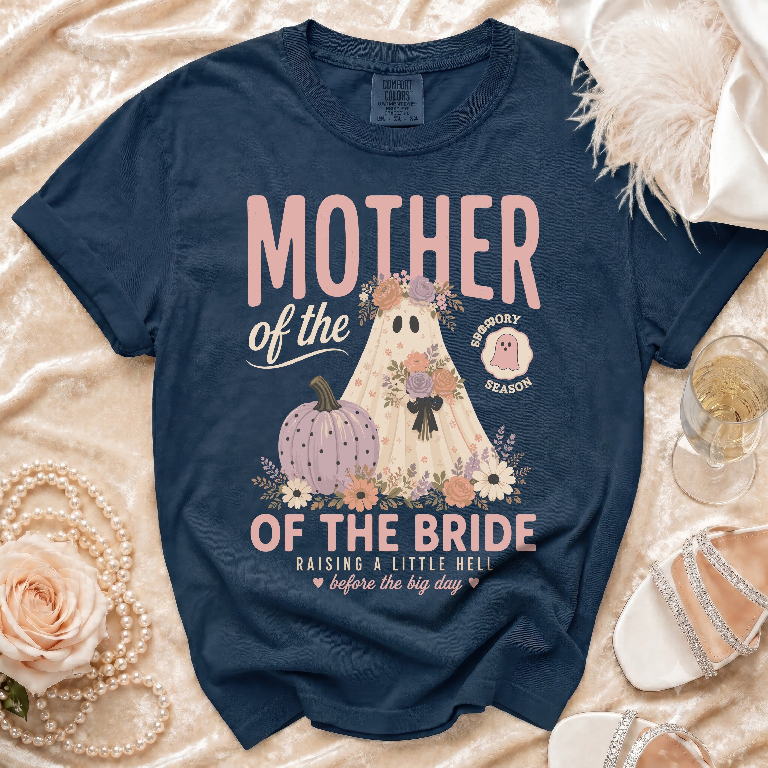 Navy t-shirt with "Mother of the Bride" and spooky season ghost design.