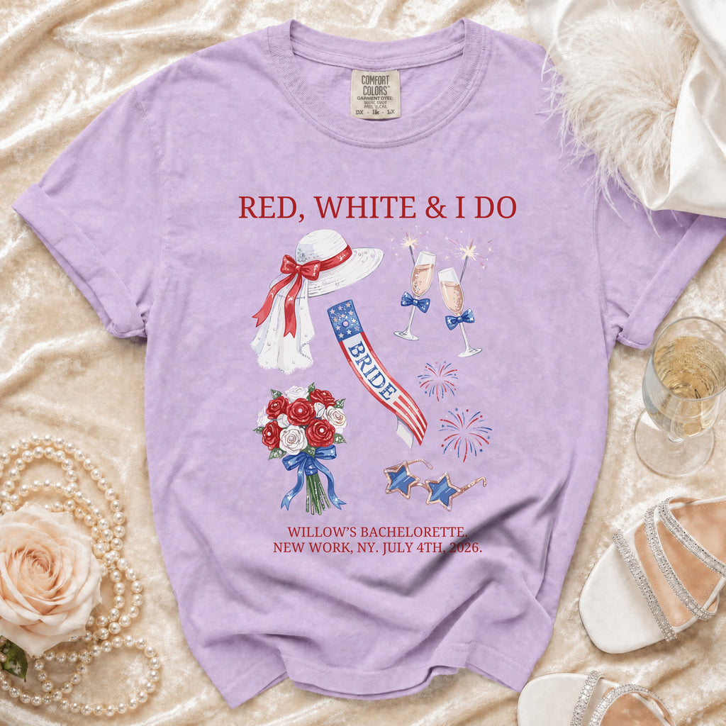 Purple t-shirt with "RED, WHITE & I DO" and bachelorette party details.