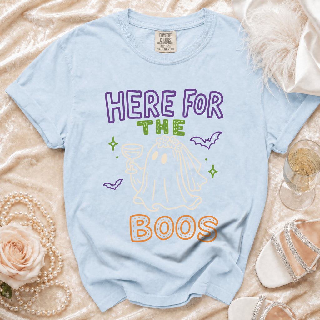 Light blue t-shirt with "HERE FOR THE BOOS" ghost graphic.