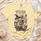 Yellow Comfort Colors shirt with "Mother of the Bride - Boo-tiful & Busy" Halloween graphic.
