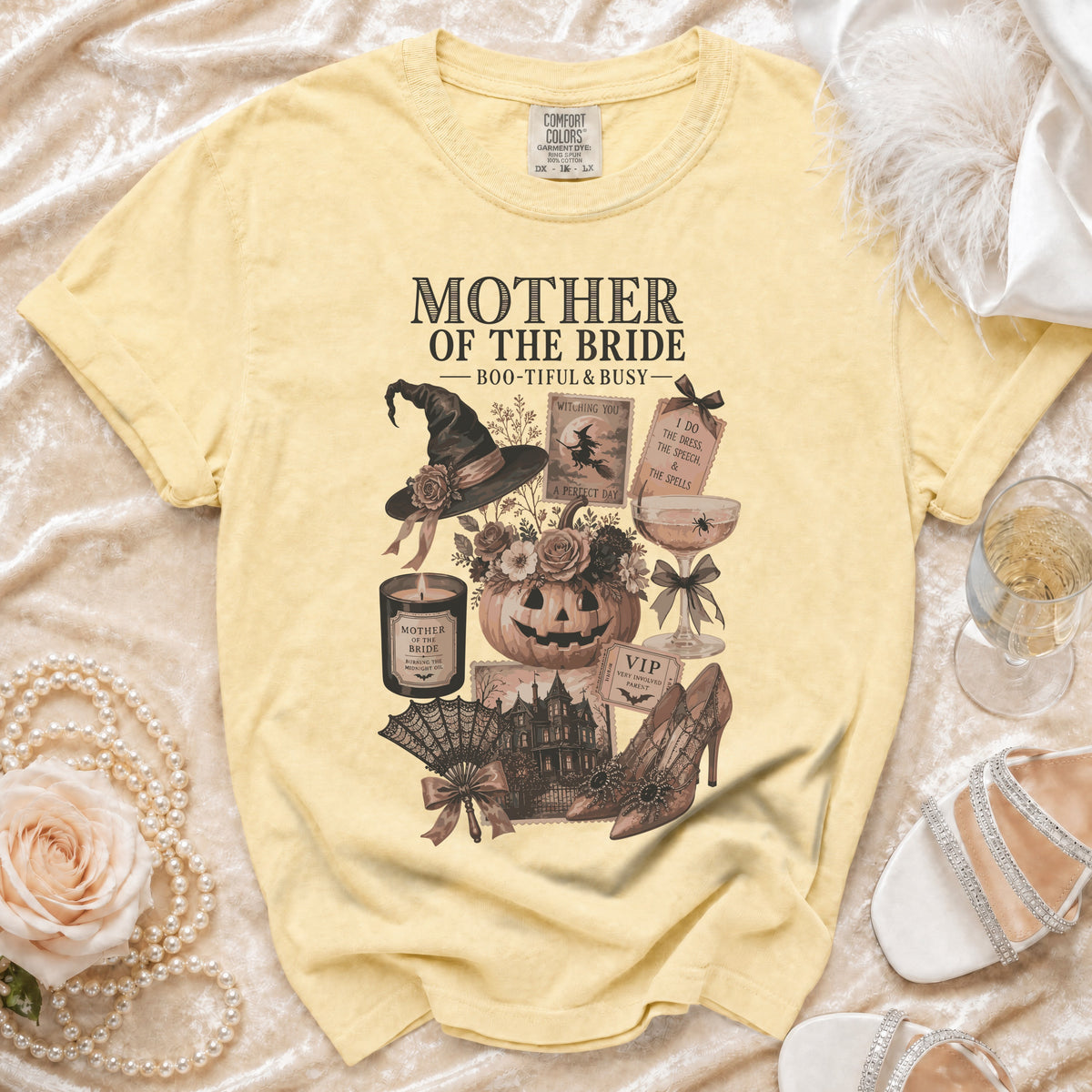 Yellow Comfort Colors shirt with "Mother of the Bride - Boo-tiful & Busy" Halloween graphic.