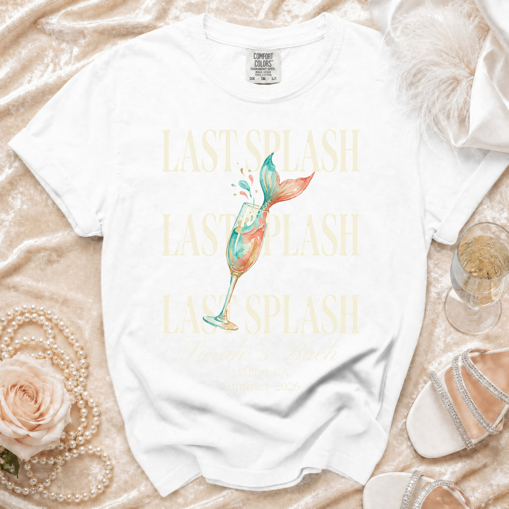 White t-shirt with "Last Splash" and mermaid tail design, Sarah's Bach.