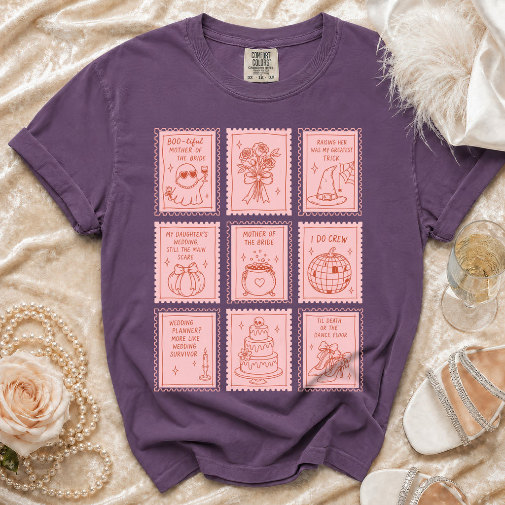 Purple t-shirt with nine stamp-like illustrations for wedding themes.
