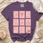 Purple t-shirt with nine stamp-like illustrations for wedding themes.
