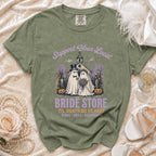 Olive t-shirt with "Support Your Local Bride Store" ghost wedding graphic.