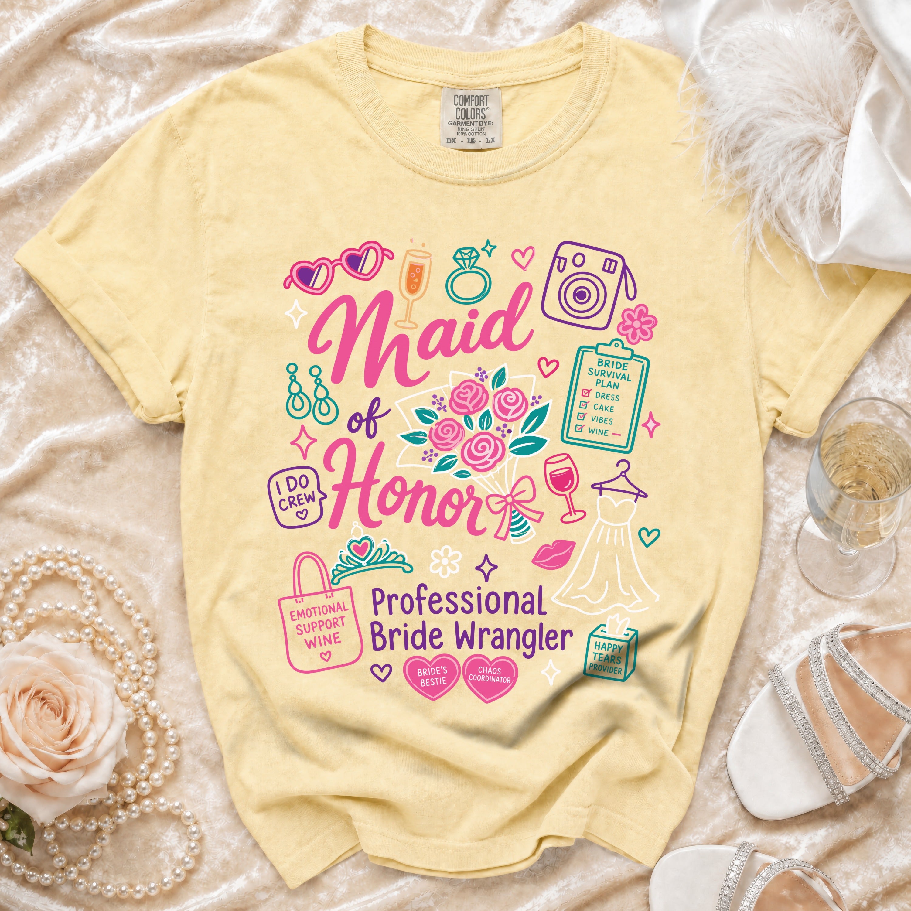 Yellow t-shirt with "Maid of Honor" and "Professional Bride Wrangler" text and graphics.