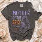 Dark gray t-shirt with "Mother of the Bride" text and ghost graphic.