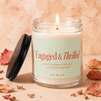 Engaged & Thrilled candle with text notes of champagne, chaos and a very long planning board.