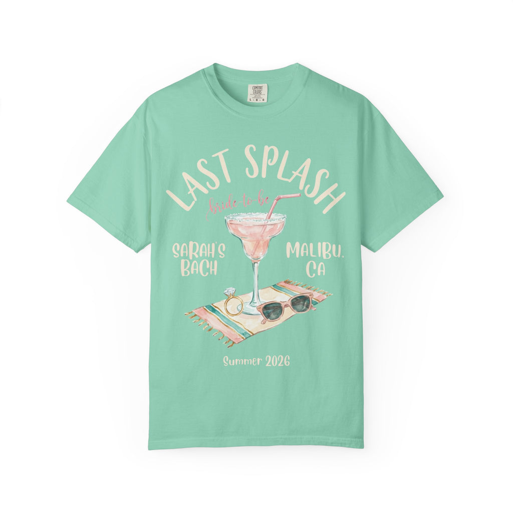 T-shirt with "Last Splash" text, martini glass, sunglasses, and ring.