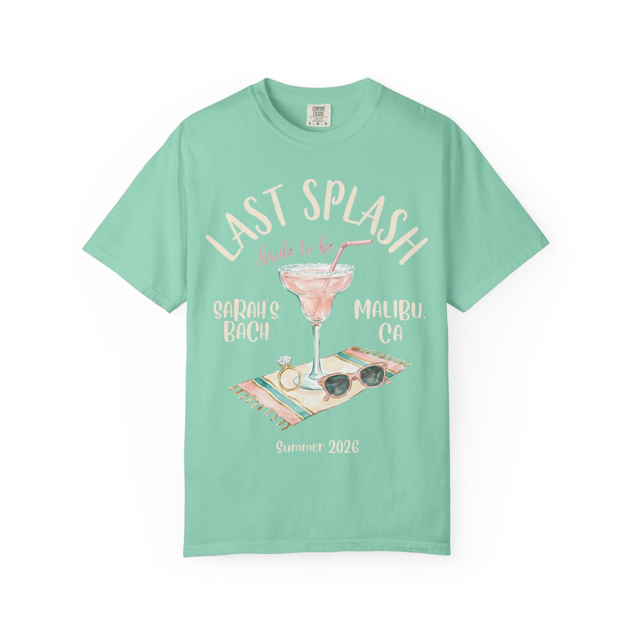 T-shirt with "Last Splash" text, martini glass, sunglasses, and ring.