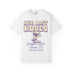 White t-shirt with "HER LAST RODEO" text, boot, and event details.