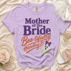 Purple Comfort Colors t-shirt with "Mother of the Bride Boo-tifully Handling It!" text and ghost graphic.