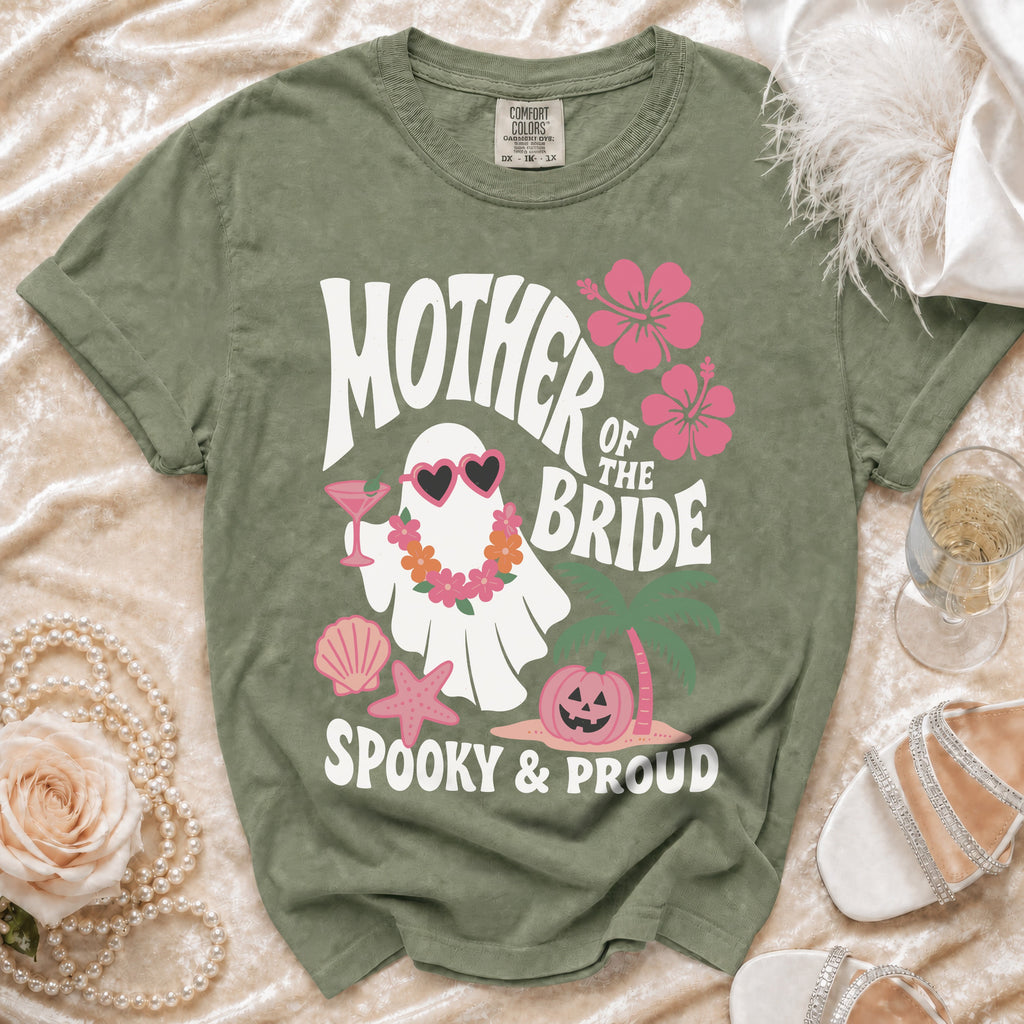 Green t-shirt with "Mother of the Bride Spooky & Proud" text and a ghost graphic.