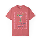 Coral t-shirt with "Last Splash Sarah's Bach Malibu, CA Summer 2026" text and a cocktail illustration.