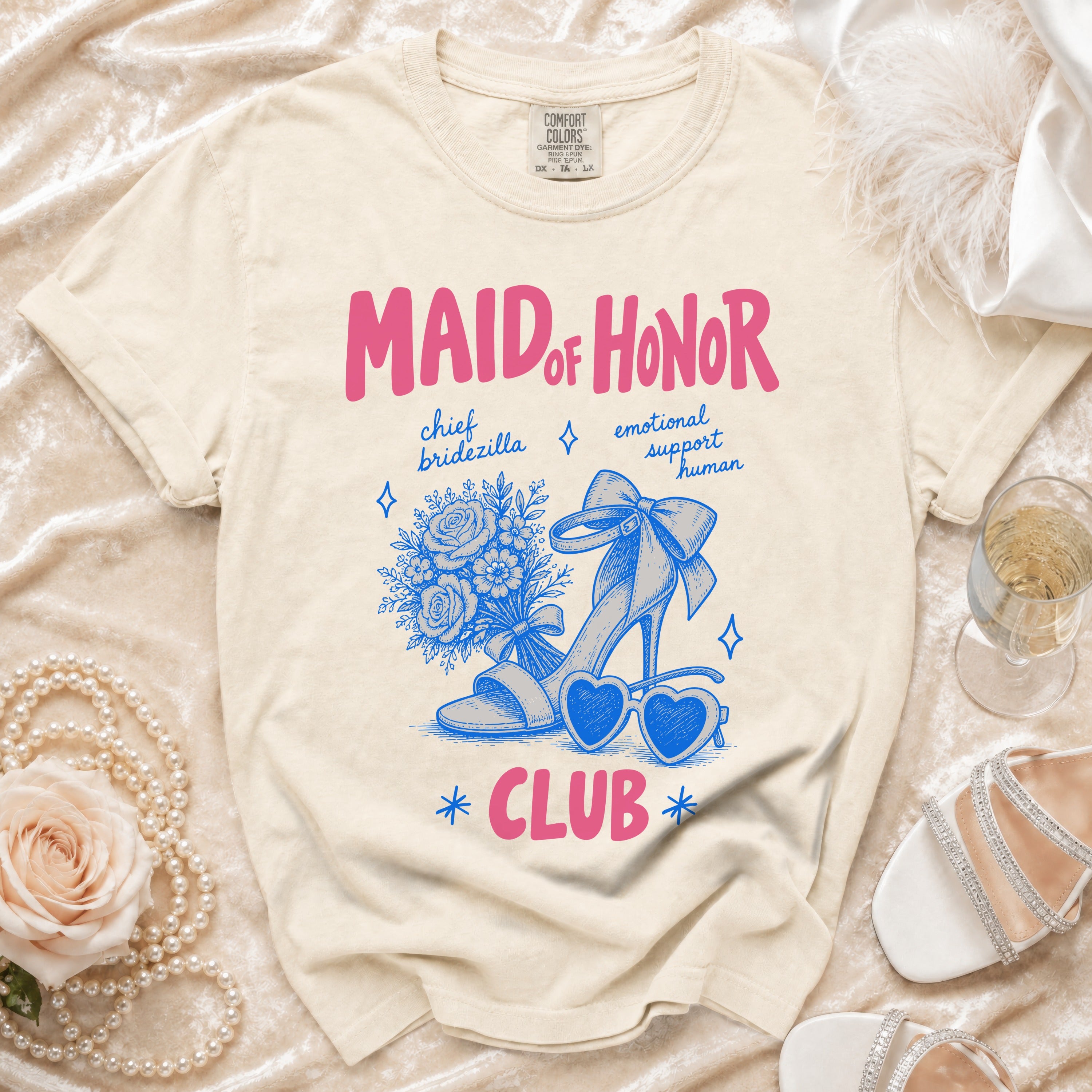 Maid of Honor Club t-shirt with floral bouquet, high heel, and heart sunglasses.