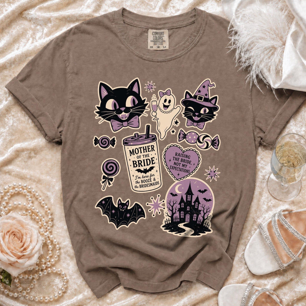 Brown t-shirt with Halloween-themed "Mother of the Bride" and bridesmaid graphics.