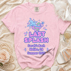 Pink t-shirt with "Last Splash Sarah's Bach Malibu CA Summer 2026" design.