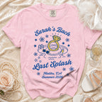 Pink t-shirt with "Sarah's Bach Last Splash" graphic and ring in pool design.
