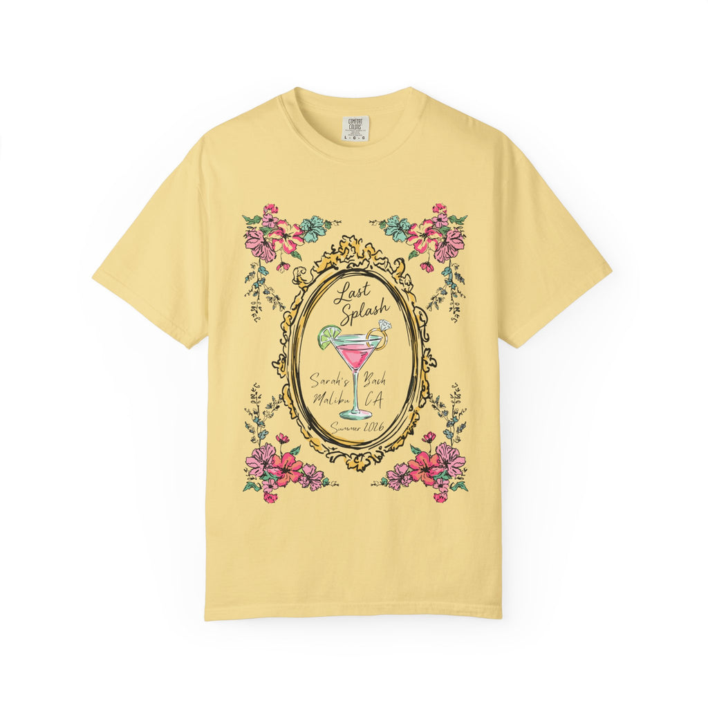Yellow t-shirt with "Last Splash Sarah's Bach Malibu CA Summer 2016" and floral frame.