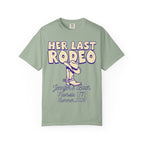 T-shirt with "HER LAST RODEO" text, cowboy boot, and event details.