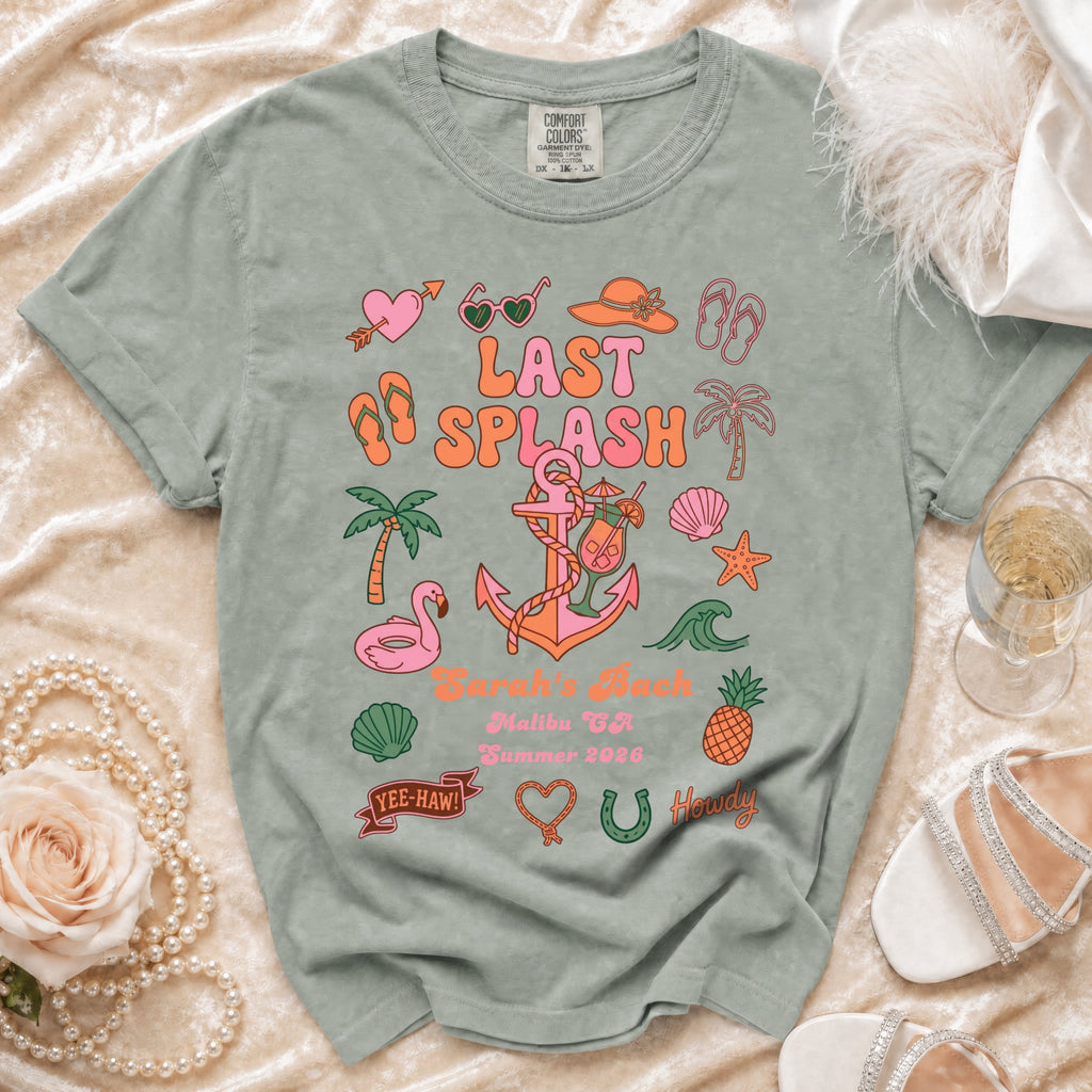 T-shirt with "Last Splash" and tropical graphics, for Malibu CA Summer 2026.