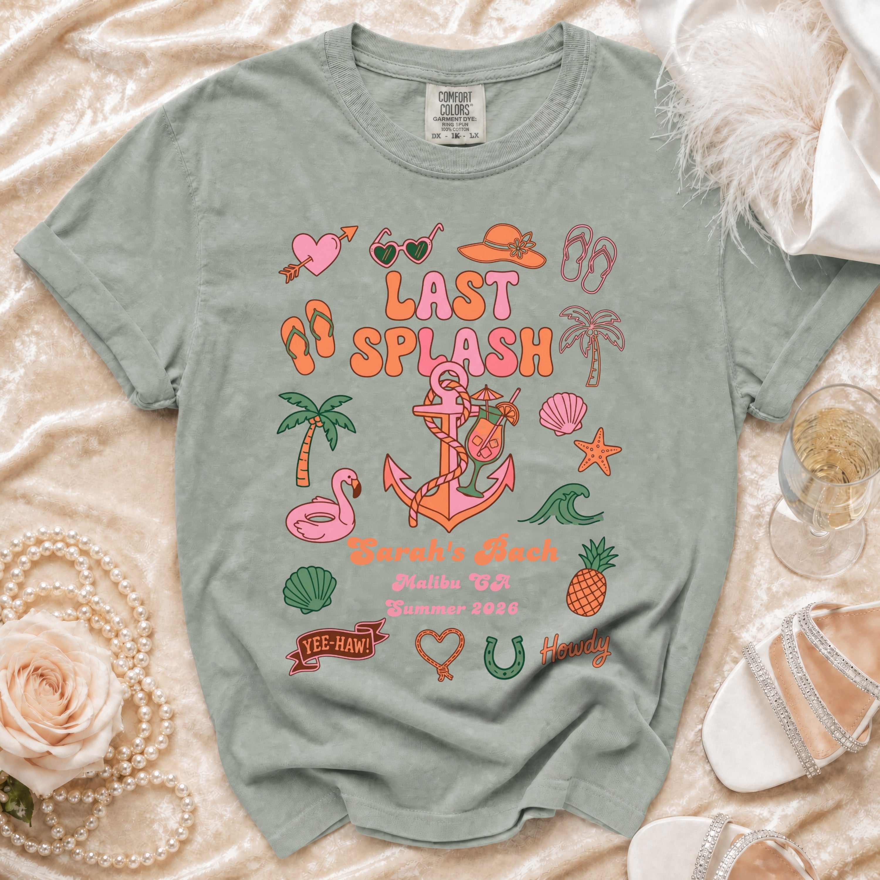T-shirt with "Last Splash" and tropical graphics, for Malibu CA Summer 2026.