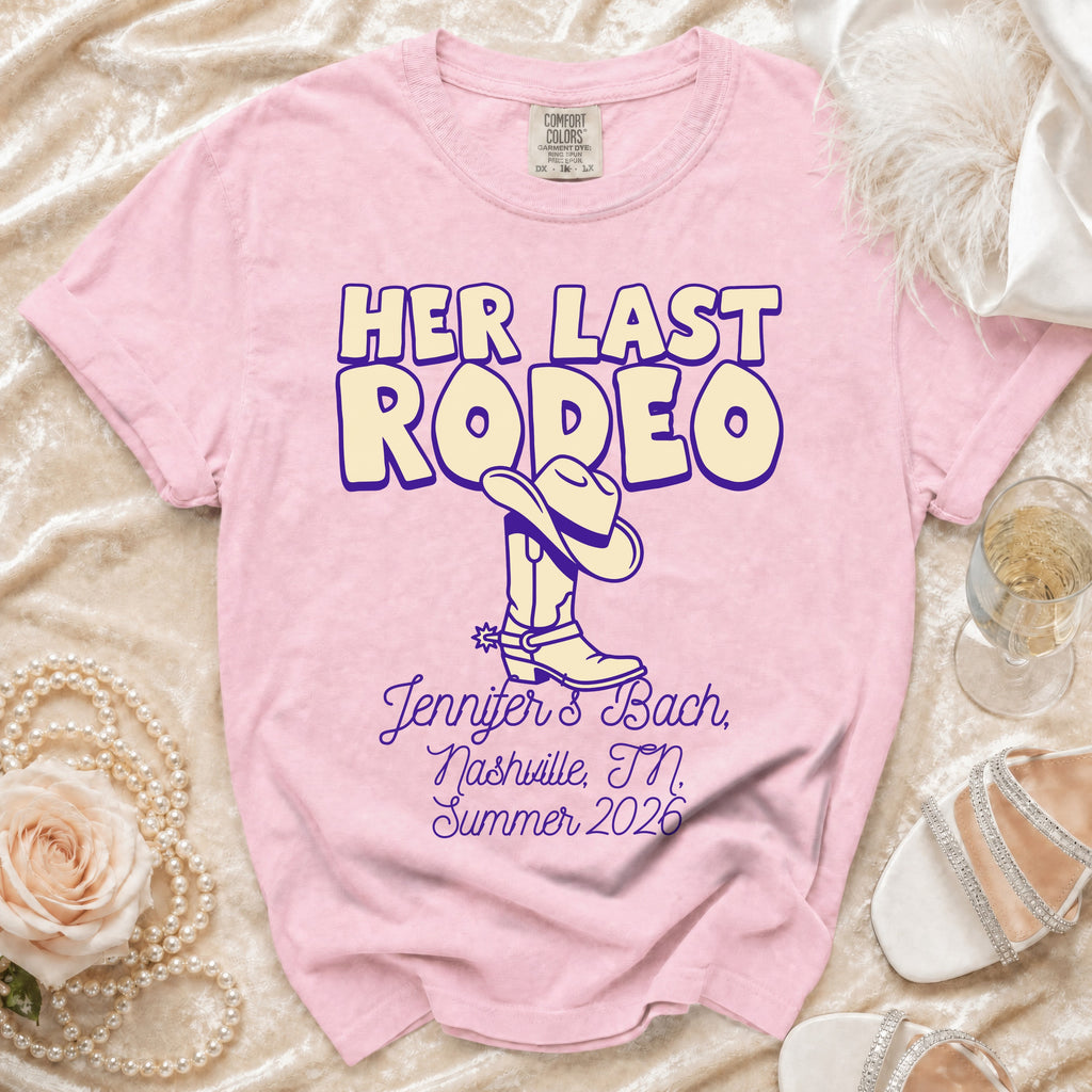 Pink t-shirt with "Her Last Rodeo" text, cowboy boot, and bachelorette details.
