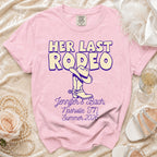 Pink t-shirt with "Her Last Rodeo" text, cowboy boot, and bachelorette details.