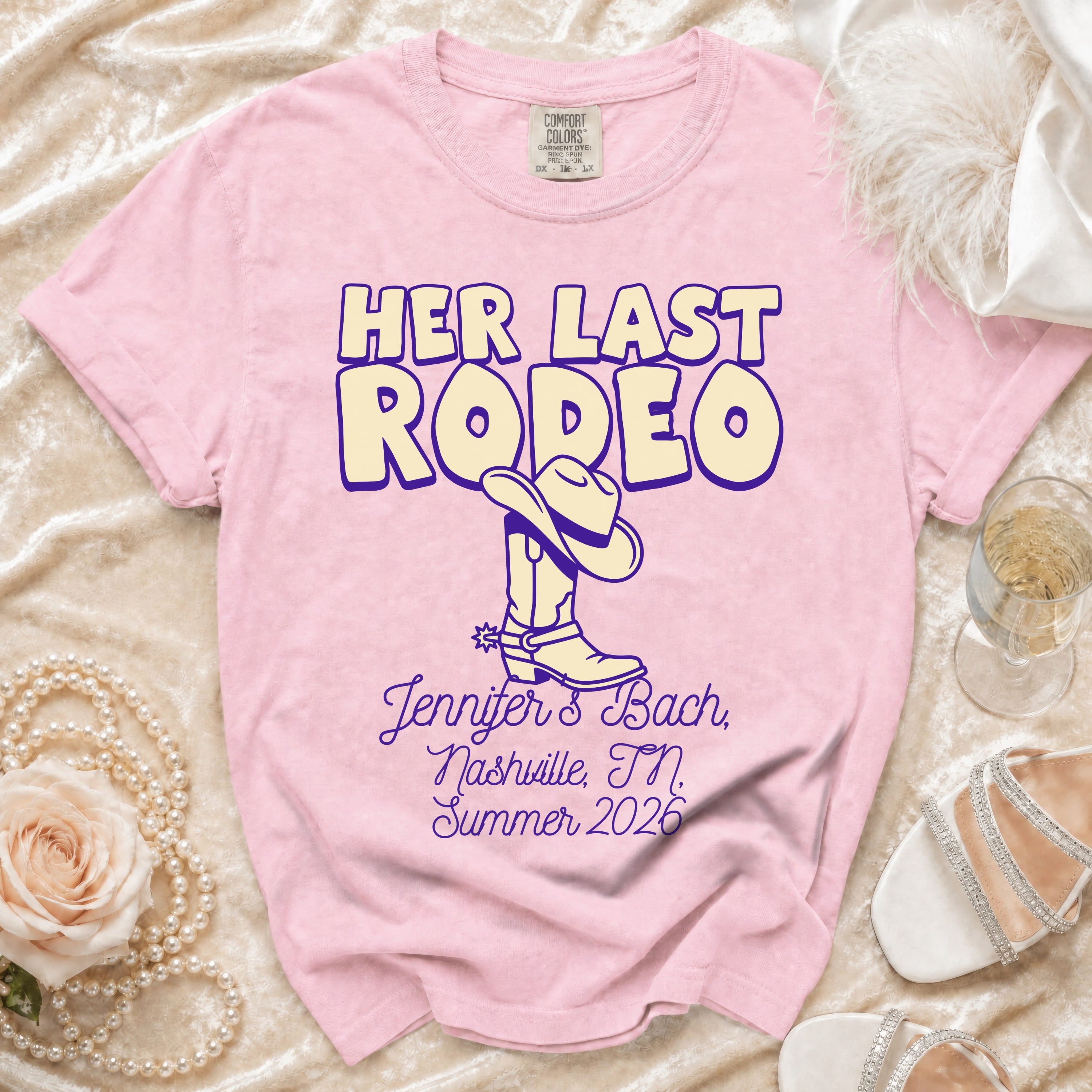 Pink t-shirt with "Her Last Rodeo" text, cowboy boot, and bachelorette details.