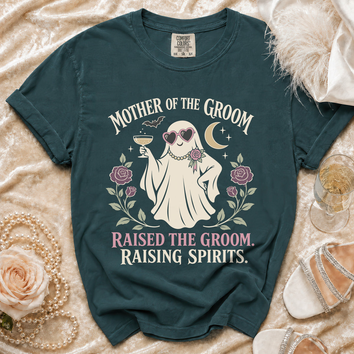 Mother of the Groom t-shirt featuring a ghost raising a champagne glass.