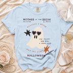 Light blue t-shirt with ghost graphic and "Mother of the Bride" Halloween text.