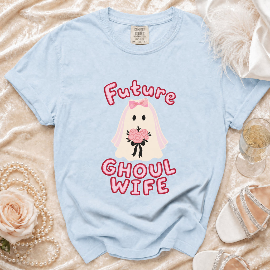 Light blue t-shirt with a ghost bride graphic and text "Future Ghoul Wife".