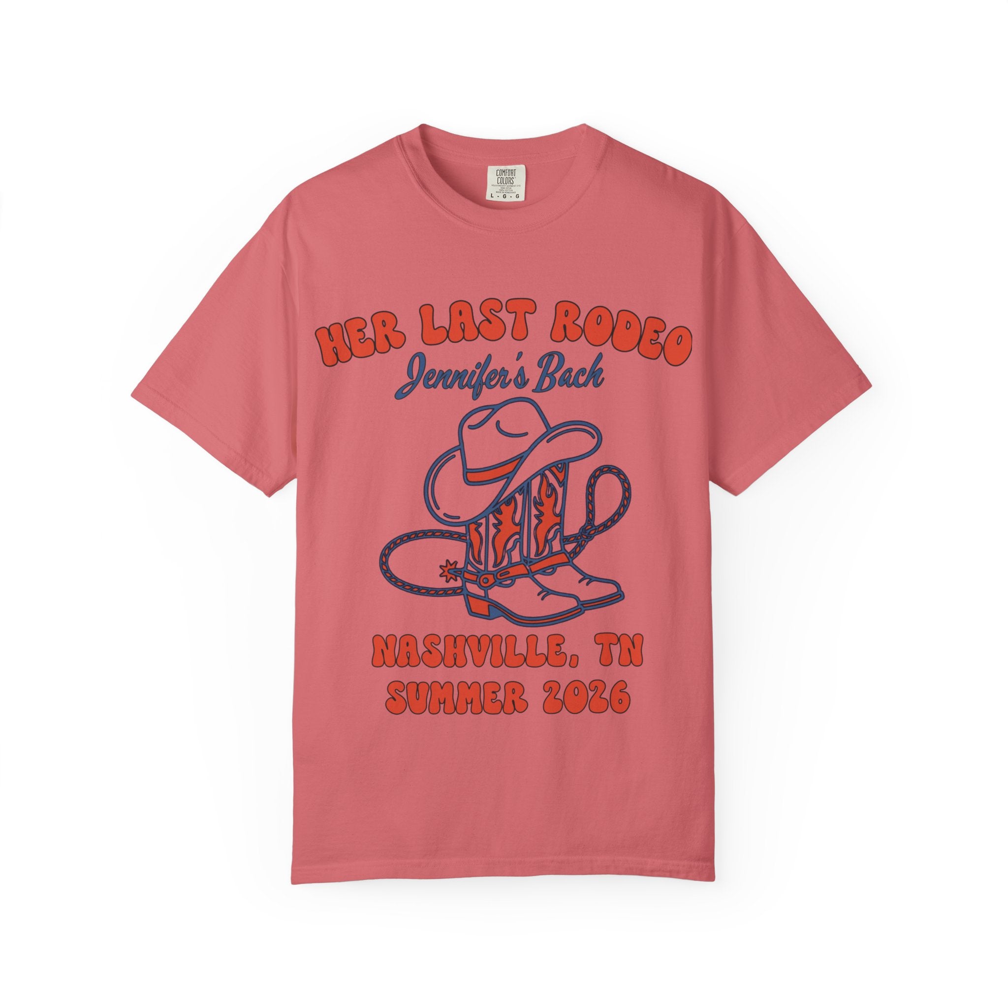 "Her Last Rodeo" text with cowboy boots and lasso, for Jennifer's Back, Nashville, TN Summer 2026.