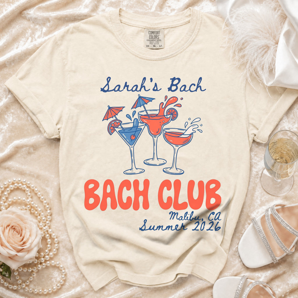 "Sarah's Bach Bach Club" t-shirt with cocktails, Malibu, CA, Summer 2026.