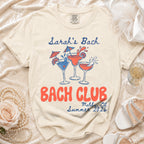 "Sarah's Bach Bach Club" t-shirt with cocktails, Malibu, CA, Summer 2026.