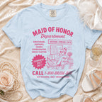 Maid of Honor Department graphic for a light blue t-shirt with wedding comedy text.