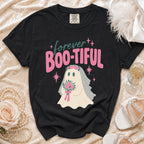 Black t-shirt with ghost bride graphic saying "Forever Boo-tiful" and wedding accessories.