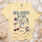 Yellow t-shirt with "Red, White & I Do" bachelorette theme for Austin, TX, July 4th, 2026.