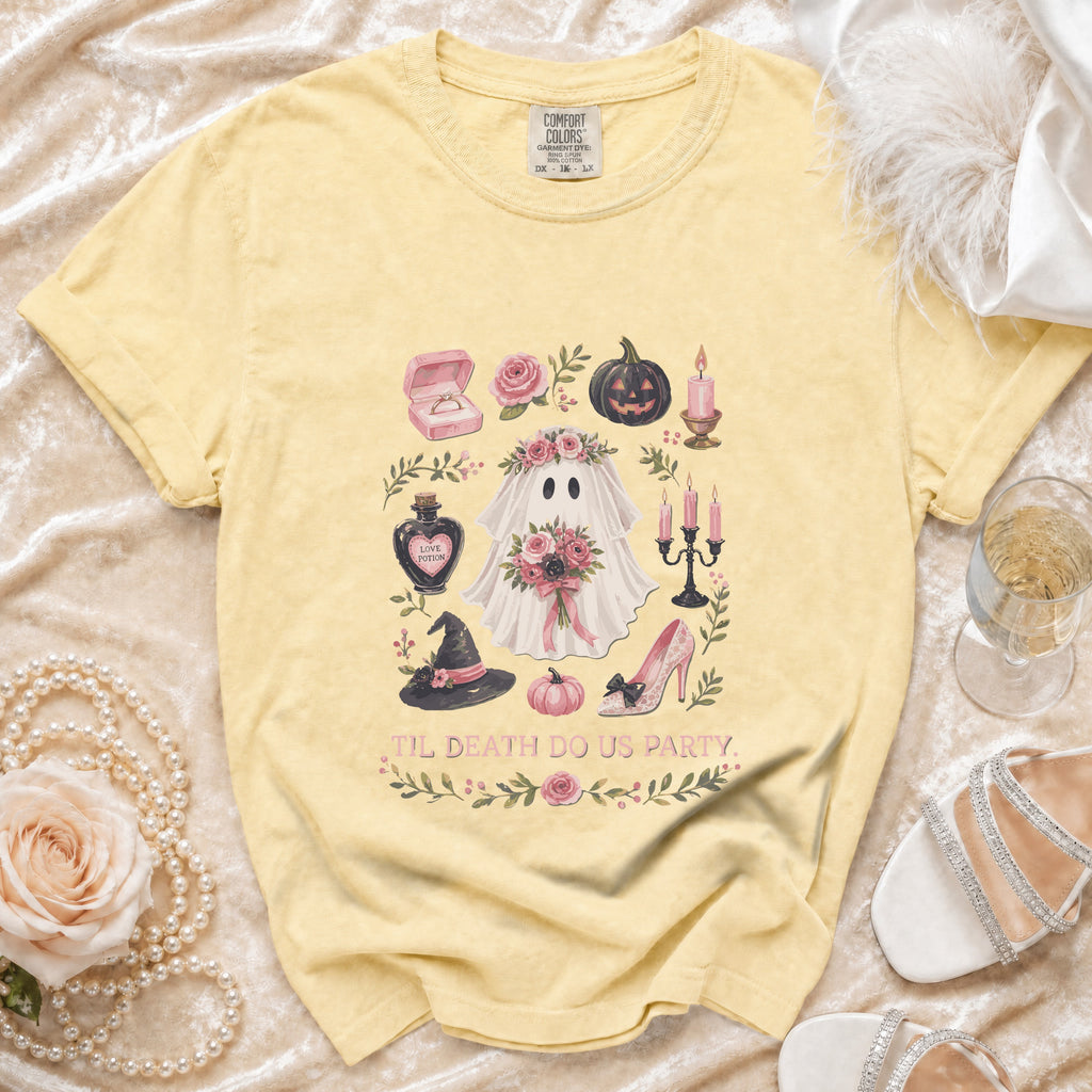 Yellow t-shirt with "Til Death Do Us Party" and ghost graphic.