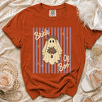 Orange Comfort Colors t-shirt with a "Bride of Boo" ghost graphic.