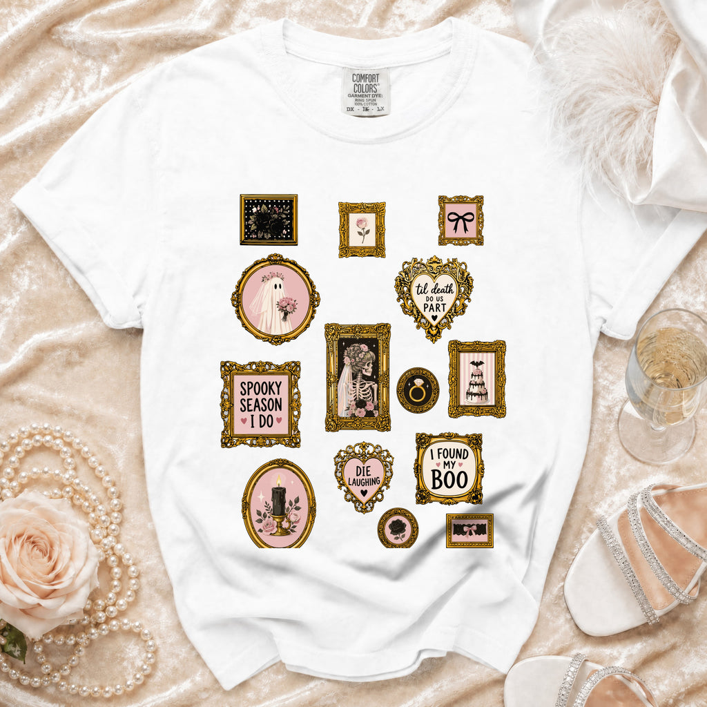White t-shirt with framed Halloween-themed graphics including a ghost bride and spooky phrases.
