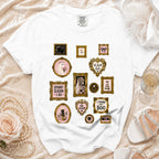 White t-shirt with framed Halloween-themed graphics including a ghost bride and spooky phrases.