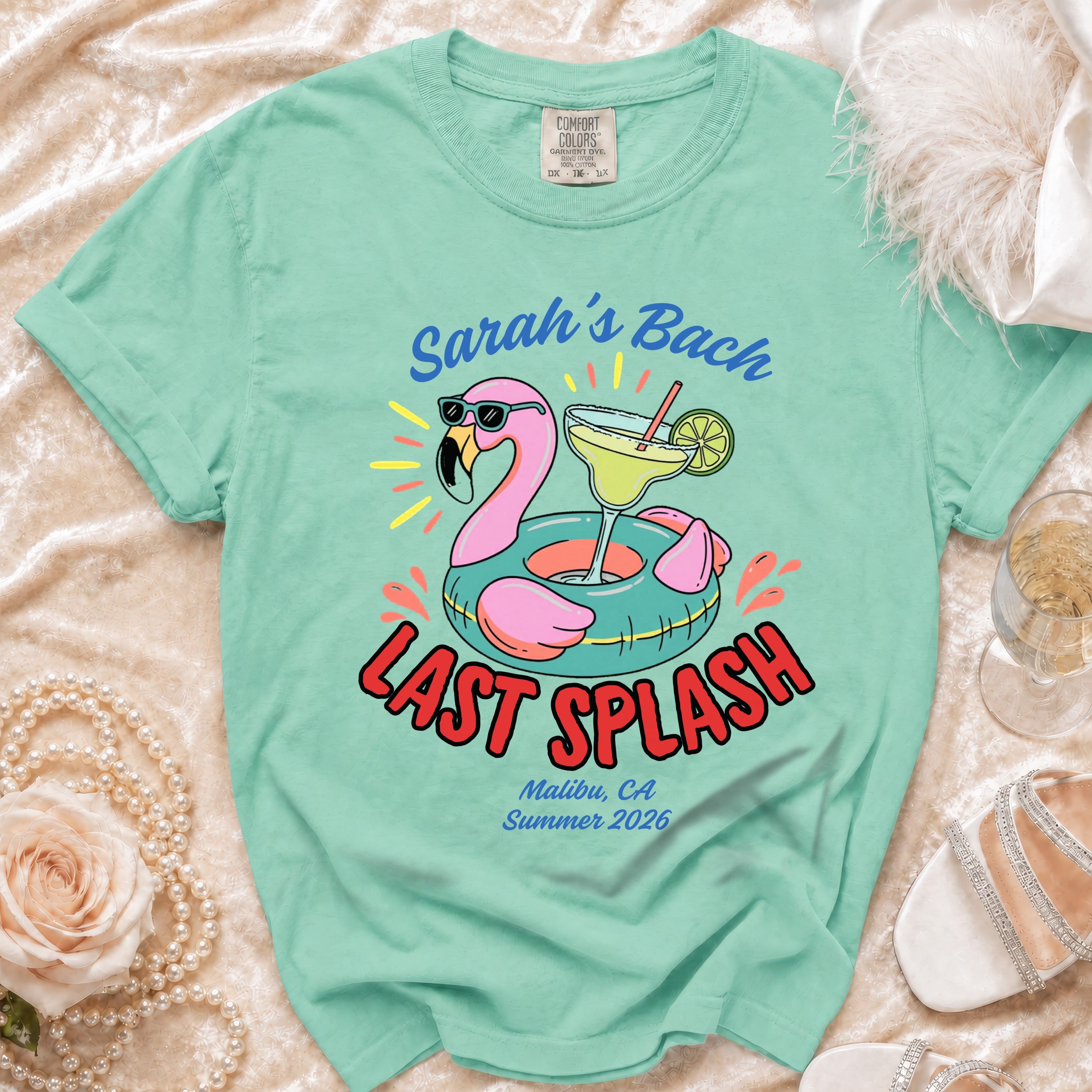 Mint t-shirt for Sarah's Bach "Last Splash" event in Malibu, Summer 2026.