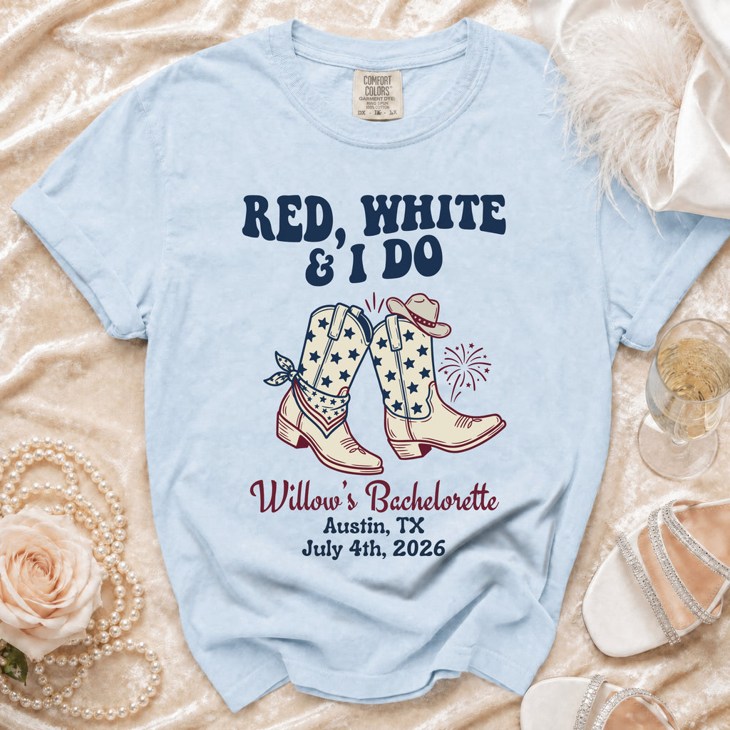Light blue t-shirt for Willow's Bachelorette with cowboy boots and fireworks.