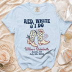 Light blue t-shirt for Willow's Bachelorette with cowboy boots and fireworks.