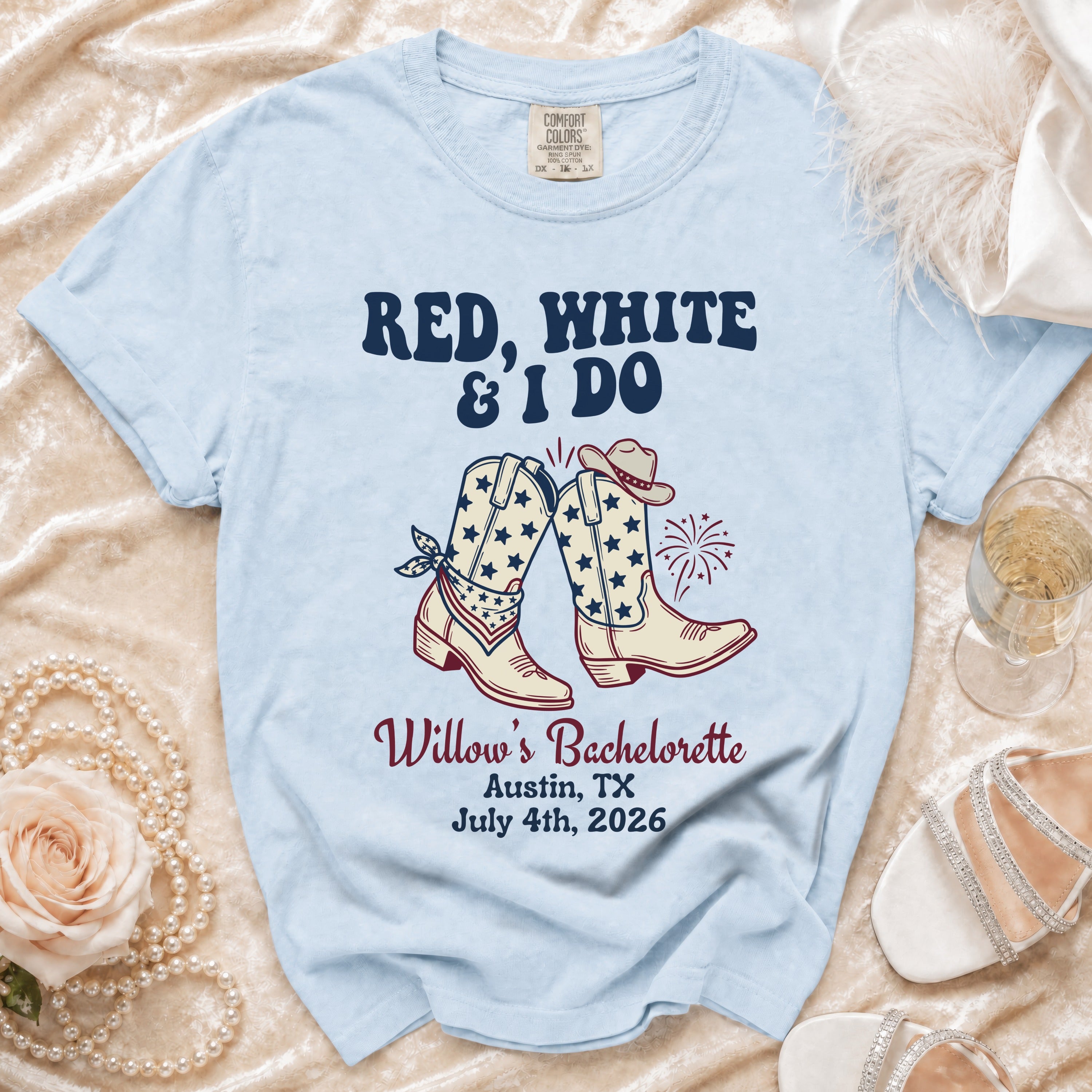 Light blue t-shirt for Willow's Bachelorette with cowboy boots and fireworks.