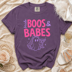 Purple t-shirt with "bride BOOS & BABES" text and ghost bride graphic.