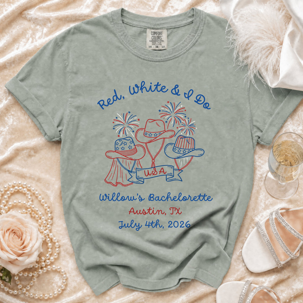 Red, White & I Do bachelorette t-shirt with USA and patriotic hats.